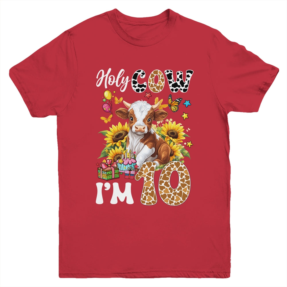 Holy Cow I'm 10 Years Old Farm Cow Sunflowers 10th Birthday Youth Shirt | teecentury