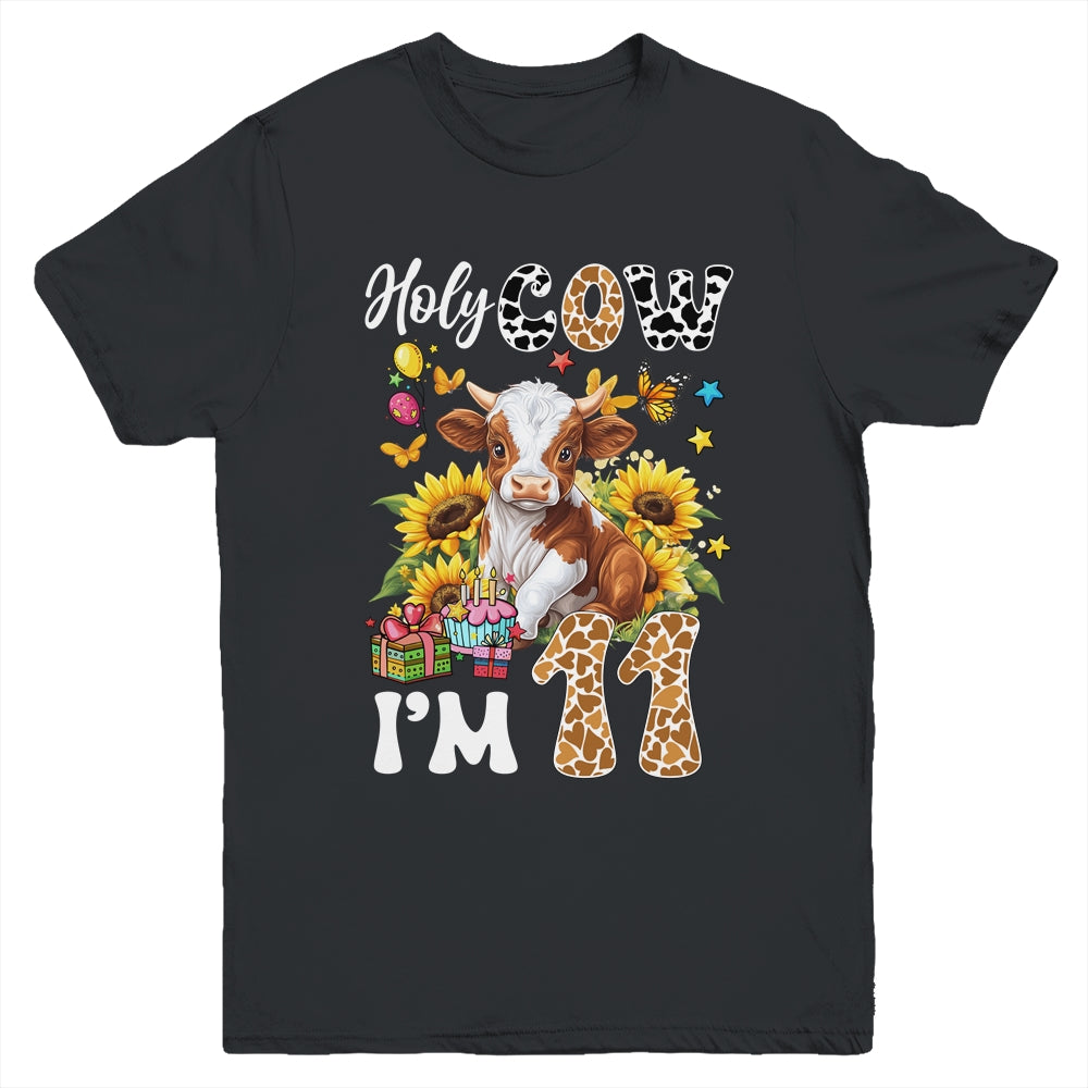 Holy Cow I'm 11 Years Old Farm Cow Sunflowers 11th Birthday Youth Shirt | teecentury
