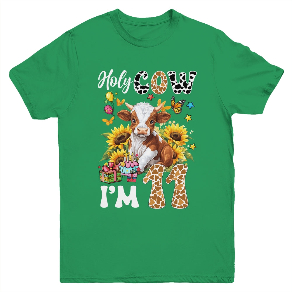 Holy Cow I'm 11 Years Old Farm Cow Sunflowers 11th Birthday Youth Shirt | teecentury