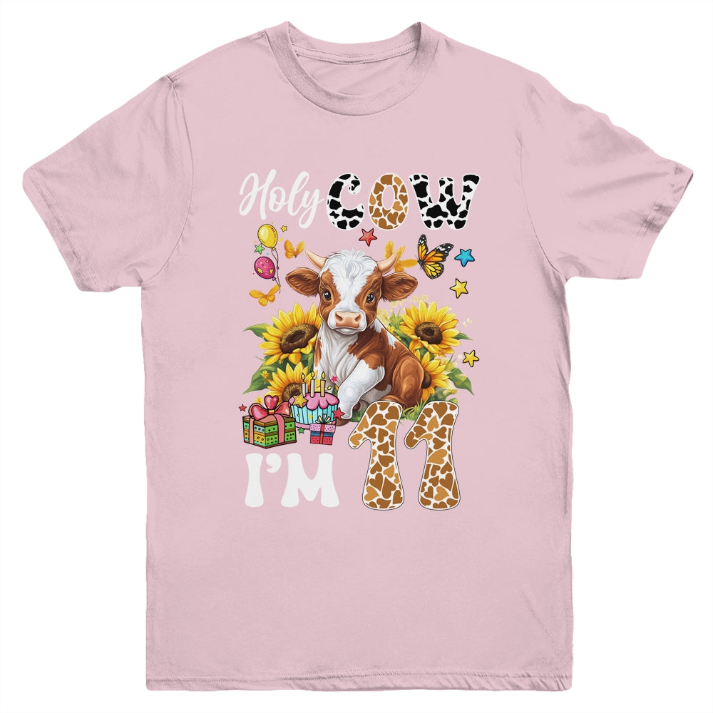 Holy Cow I'm 11 Years Old Farm Cow Sunflowers 11th Birthday Youth Shirt | teecentury