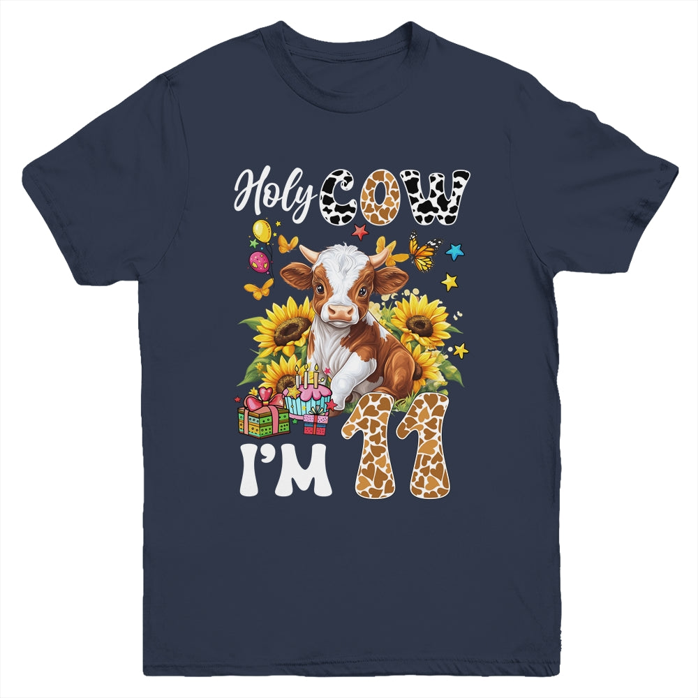 Holy Cow I'm 11 Years Old Farm Cow Sunflowers 11th Birthday Youth Shirt | teecentury
