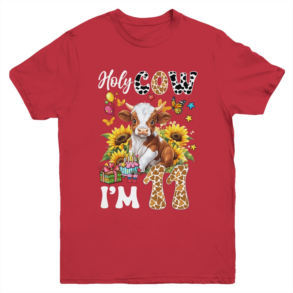 Holy Cow I'm 11 Years Old Farm Cow Sunflowers 11th Birthday Youth Shirt | teecentury