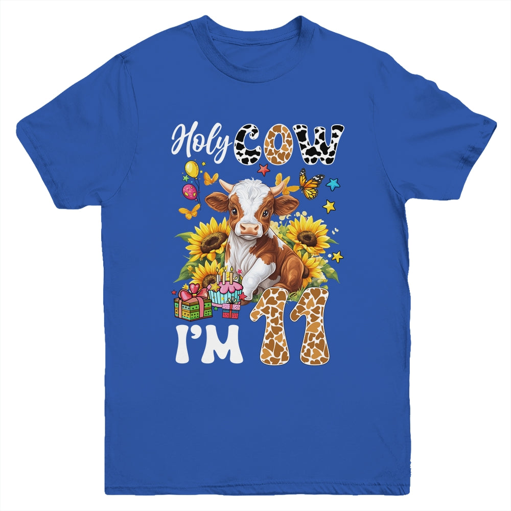 Holy Cow I'm 11 Years Old Farm Cow Sunflowers 11th Birthday Youth Shirt | teecentury