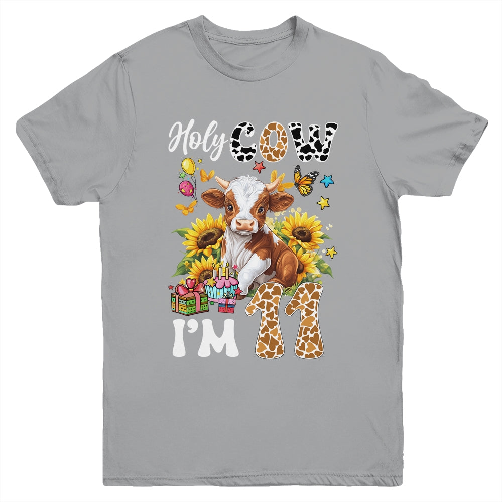 Holy Cow I'm 11 Years Old Farm Cow Sunflowers 11th Birthday Youth Shirt | teecentury