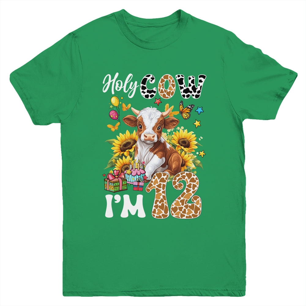 Holy Cow I'm 12 Years Old Farm Cow Sunflowers 12th Birthday Youth Shirt | teecentury