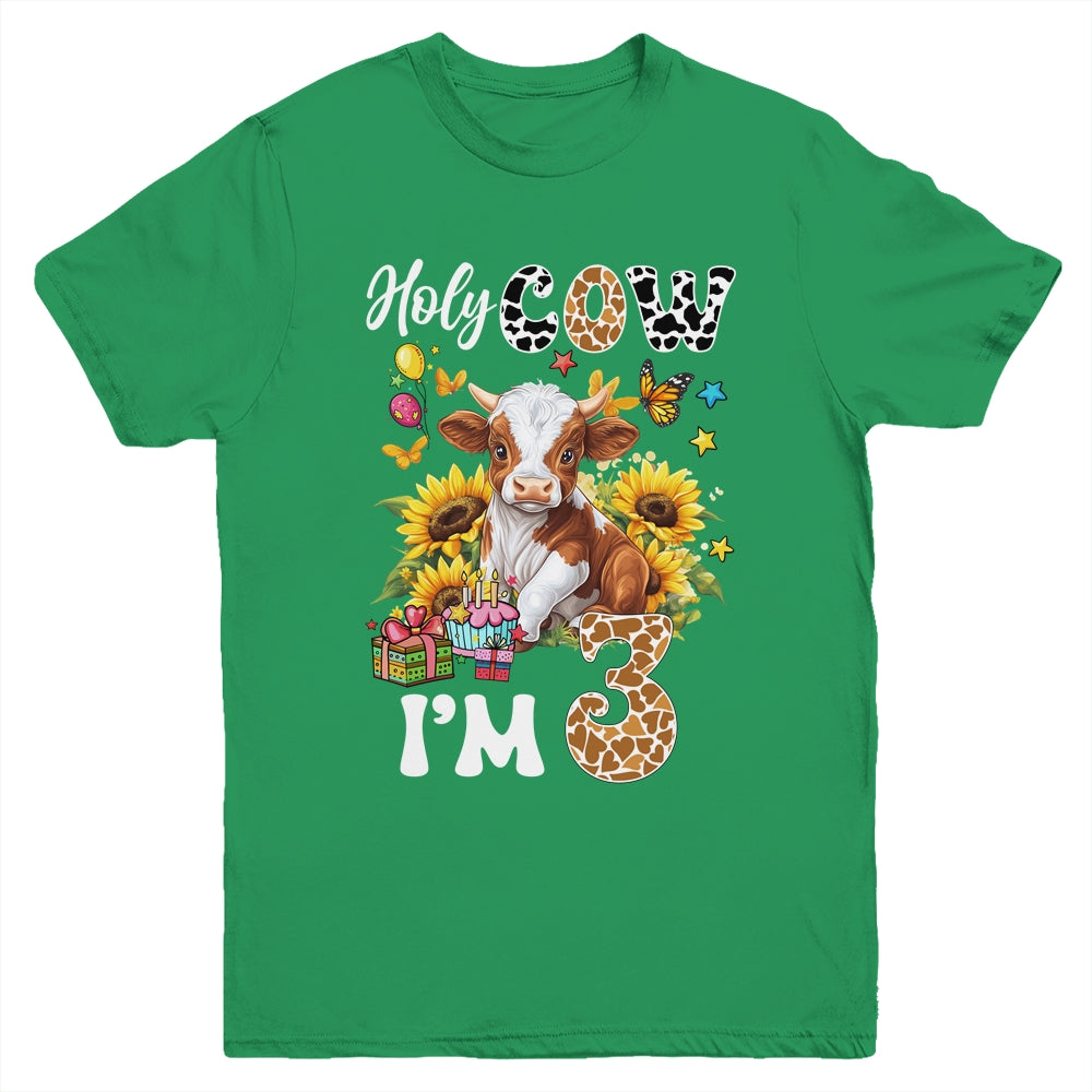 Holy Cow I'm 3 Years Old Farm Cow Sunflowers 3rd Birthday Youth Shirt | teecentury
