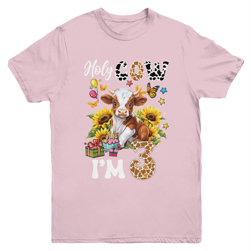 Holy Cow I'm 3 Years Old Farm Cow Sunflowers 3rd Birthday Youth Shirt | teecentury