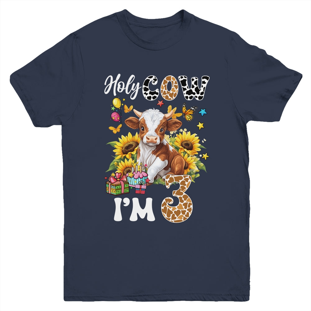 Holy Cow I'm 3 Years Old Farm Cow Sunflowers 3rd Birthday Youth Shirt | teecentury