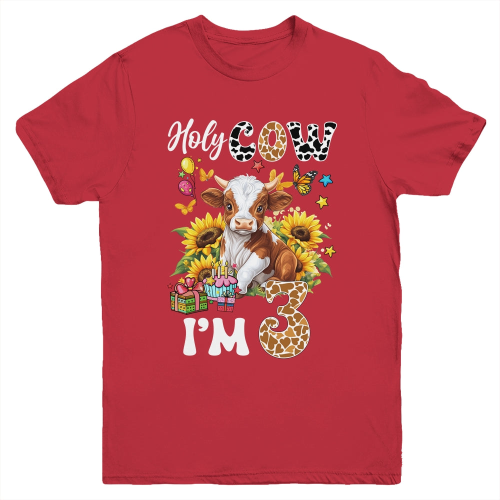 Holy Cow I'm 3 Years Old Farm Cow Sunflowers 3rd Birthday Youth Shirt | teecentury