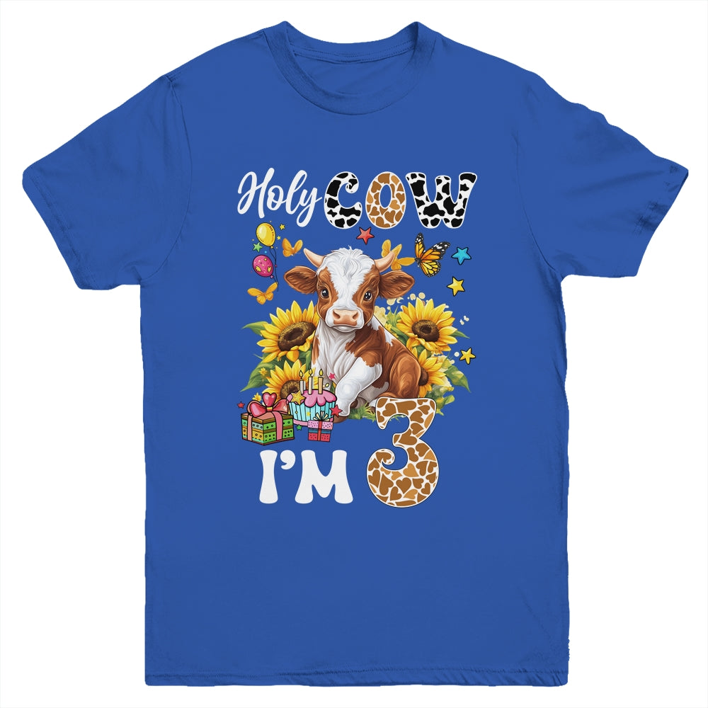 Holy Cow I'm 3 Years Old Farm Cow Sunflowers 3rd Birthday Youth Shirt | teecentury
