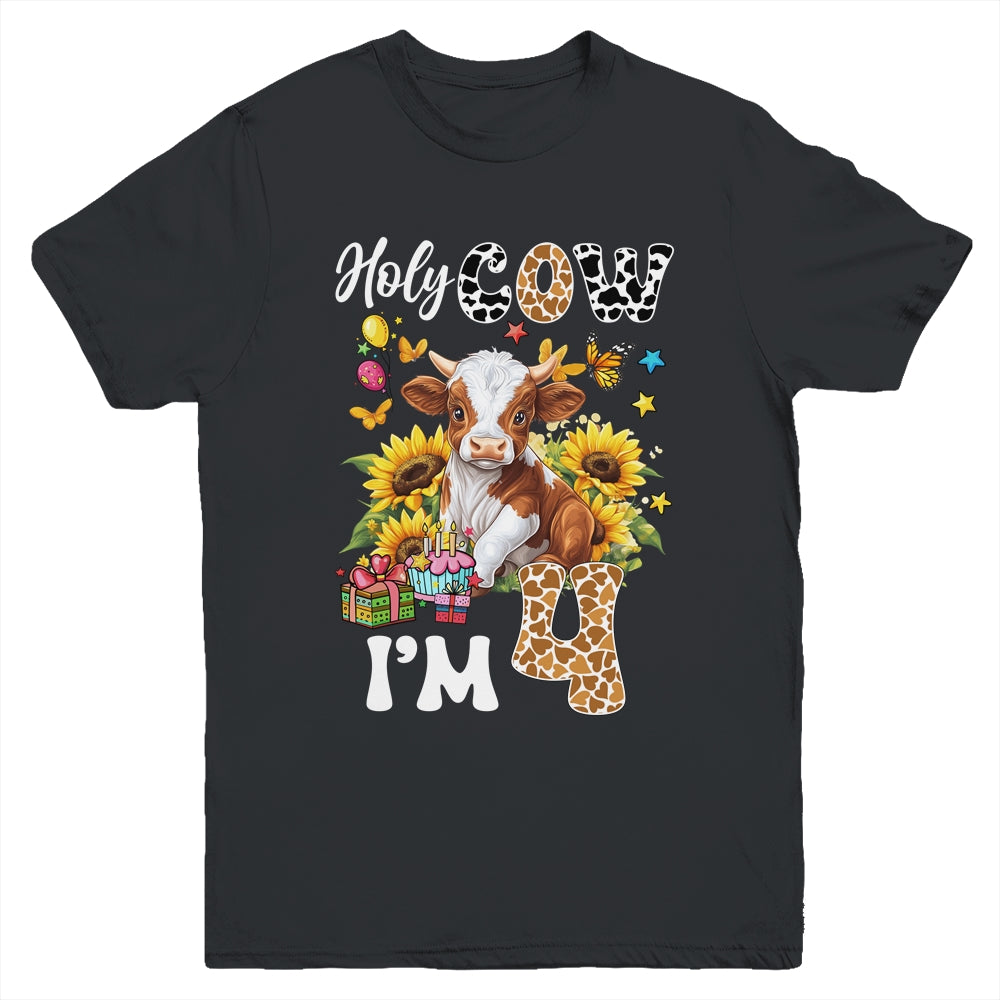 Holy Cow I'm 4 Years Old Farm Cow Sunflowers 4th Birthday Youth Shirt | teecentury