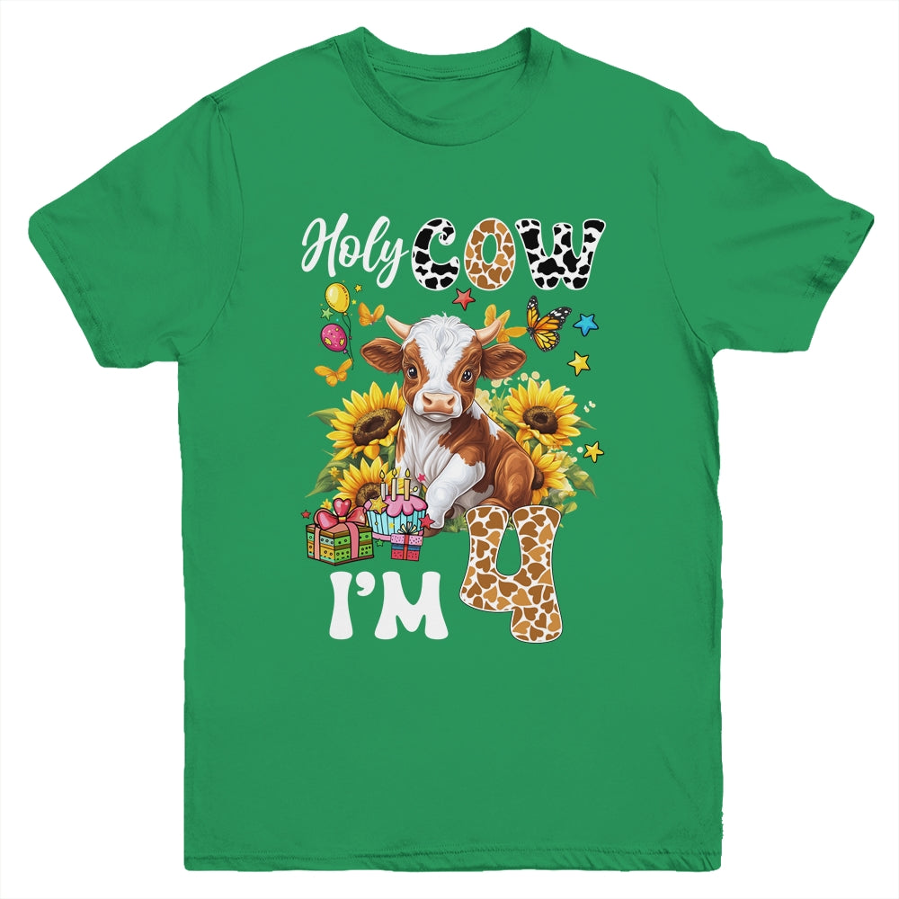 Holy Cow I'm 4 Years Old Farm Cow Sunflowers 4th Birthday Youth Shirt | teecentury