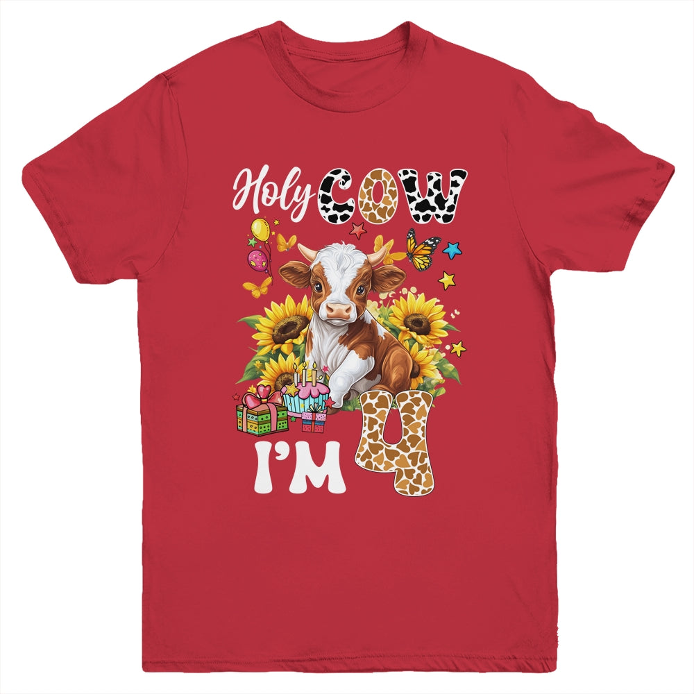 Holy Cow I'm 4 Years Old Farm Cow Sunflowers 4th Birthday Youth Shirt | teecentury
