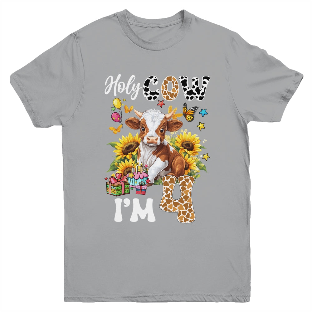 Holy Cow I'm 4 Years Old Farm Cow Sunflowers 4th Birthday Youth Shirt | teecentury