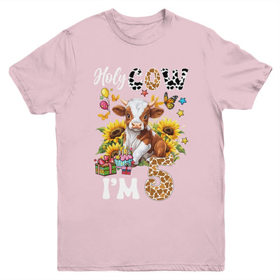 Holy Cow I'm 5 Years Old Farm Cow Sunflowers 5th Birthday Youth Shirt | teecentury