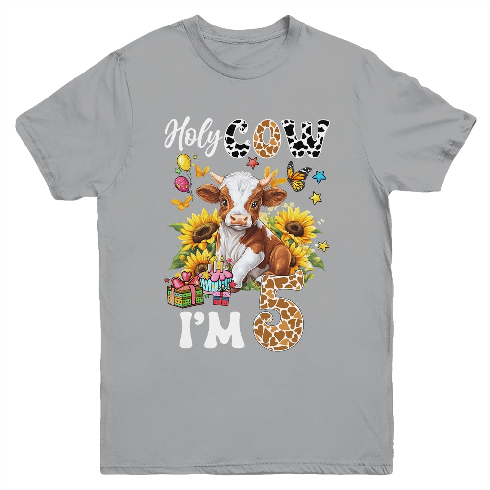 Holy Cow I'm 5 Years Old Farm Cow Sunflowers 5th Birthday Youth Shirt | teecentury