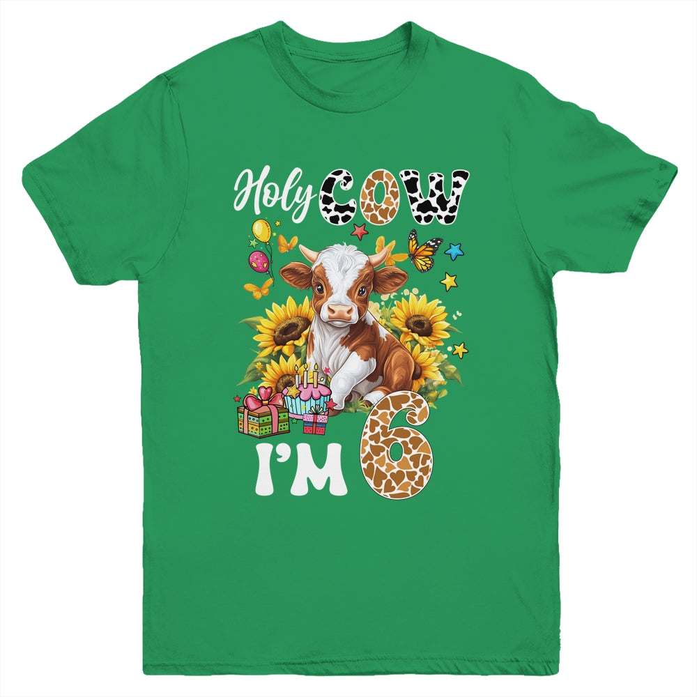 Holy Cow I'm 6 Years Old Farm Cow Sunflowers 6th Birthday Youth Shirt | teecentury