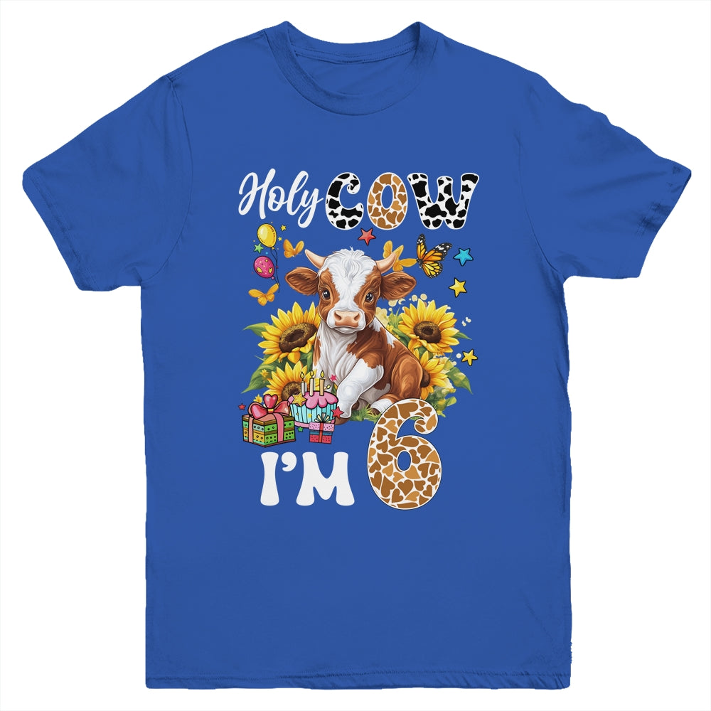 Holy Cow I'm 6 Years Old Farm Cow Sunflowers 6th Birthday Youth Shirt | teecentury