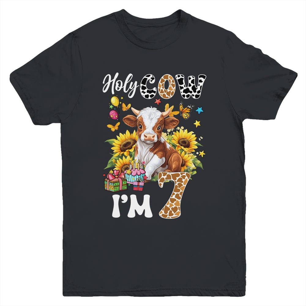 Holy Cow I'm 7 Years Old Farm Cow Sunflowers 7th Birthday Youth Shirt | teecentury