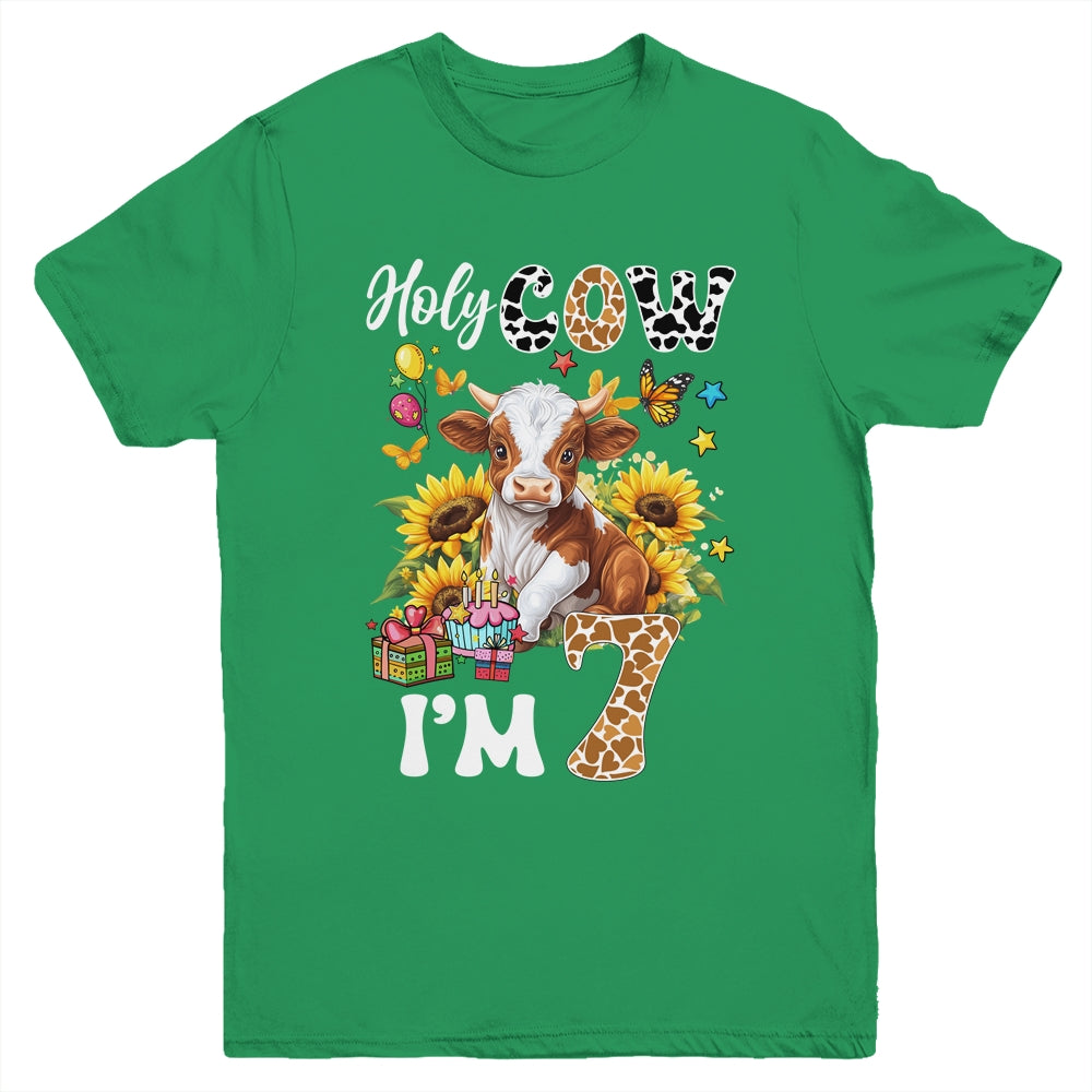 Holy Cow I'm 7 Years Old Farm Cow Sunflowers 7th Birthday Youth Shirt | teecentury