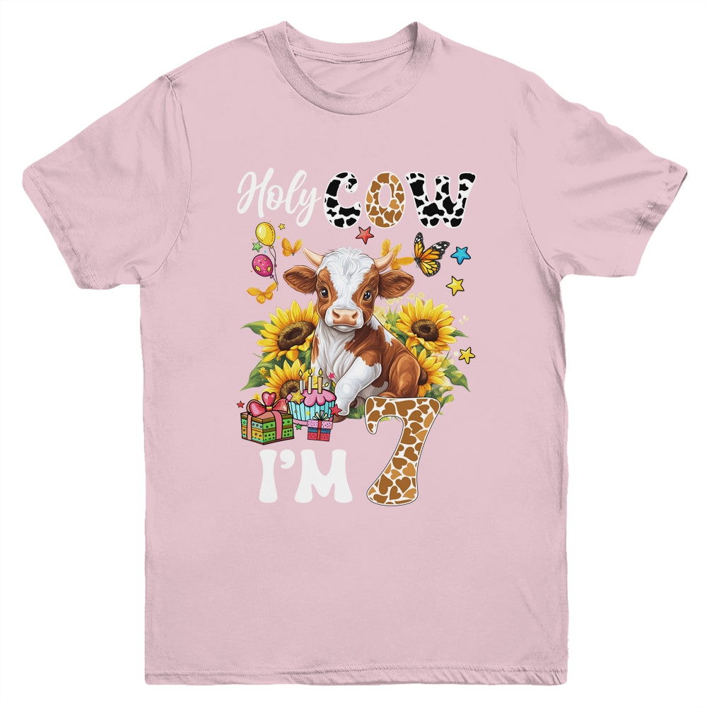 Holy Cow I'm 7 Years Old Farm Cow Sunflowers 7th Birthday Youth Shirt | teecentury