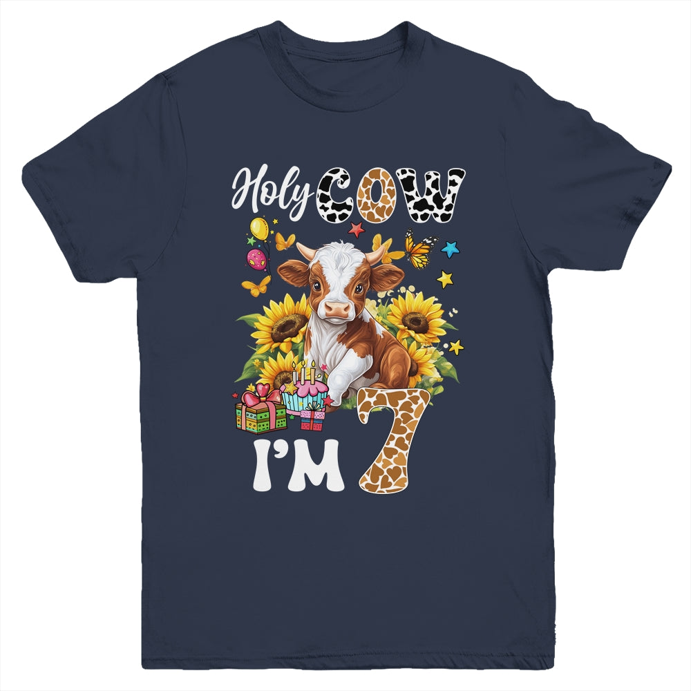 Holy Cow I'm 7 Years Old Farm Cow Sunflowers 7th Birthday Youth Shirt | teecentury
