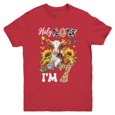Holy Cow I'm 7 Years Old Farm Cow Sunflowers 7th Birthday Youth Shirt | teecentury