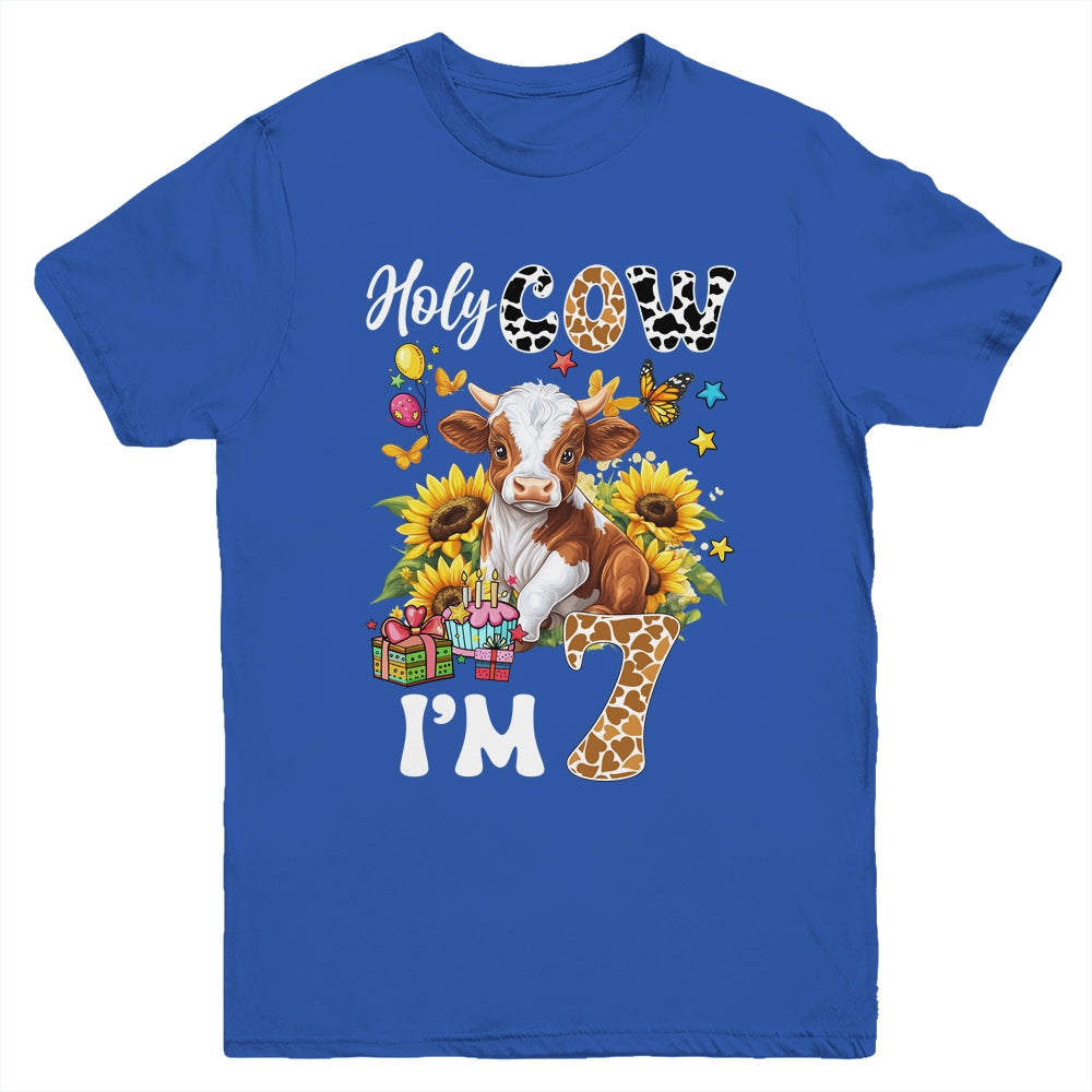 Holy Cow I'm 7 Years Old Farm Cow Sunflowers 7th Birthday Youth Shirt | teecentury