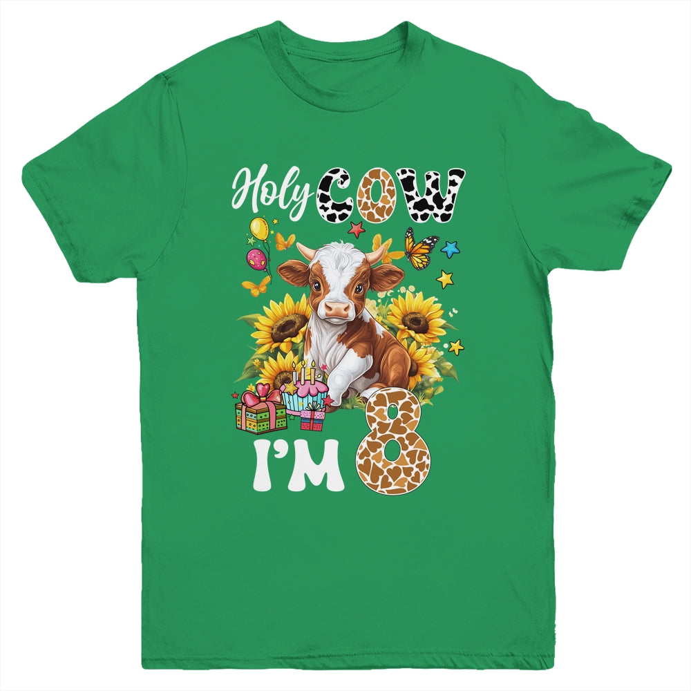 Holy Cow I'm 8 Years Old Farm Cow Sunflowers 8th Birthday Youth Shirt | teecentury