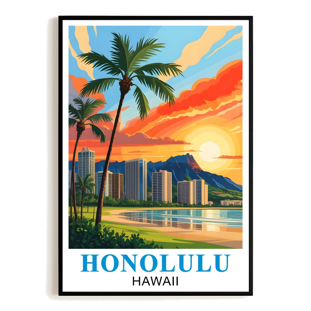 Honolulu Hawaii Vintage Travel Poster Souvenir Stunning Sunset Beach Cityscape Mountains Palms Wall Art Landscape Print Ideal For Home Office Living Room Decor Unframed | teecentury