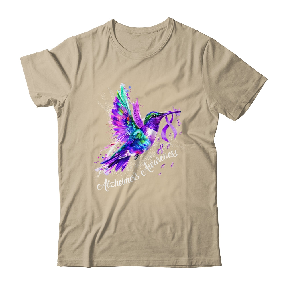 Hummingbird Holding Purple Ribbon Alzheimer's Awareness Shirt & Tank Top | teecentury