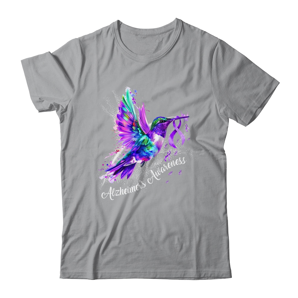 Hummingbird Holding Purple Ribbon Alzheimer's Awareness Shirt & Tank Top | teecentury