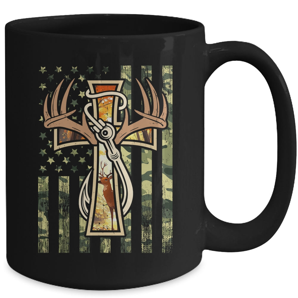 Hunting Fishing Faith Deer Cross Camouflage Flag Christian Mug | teecentury
