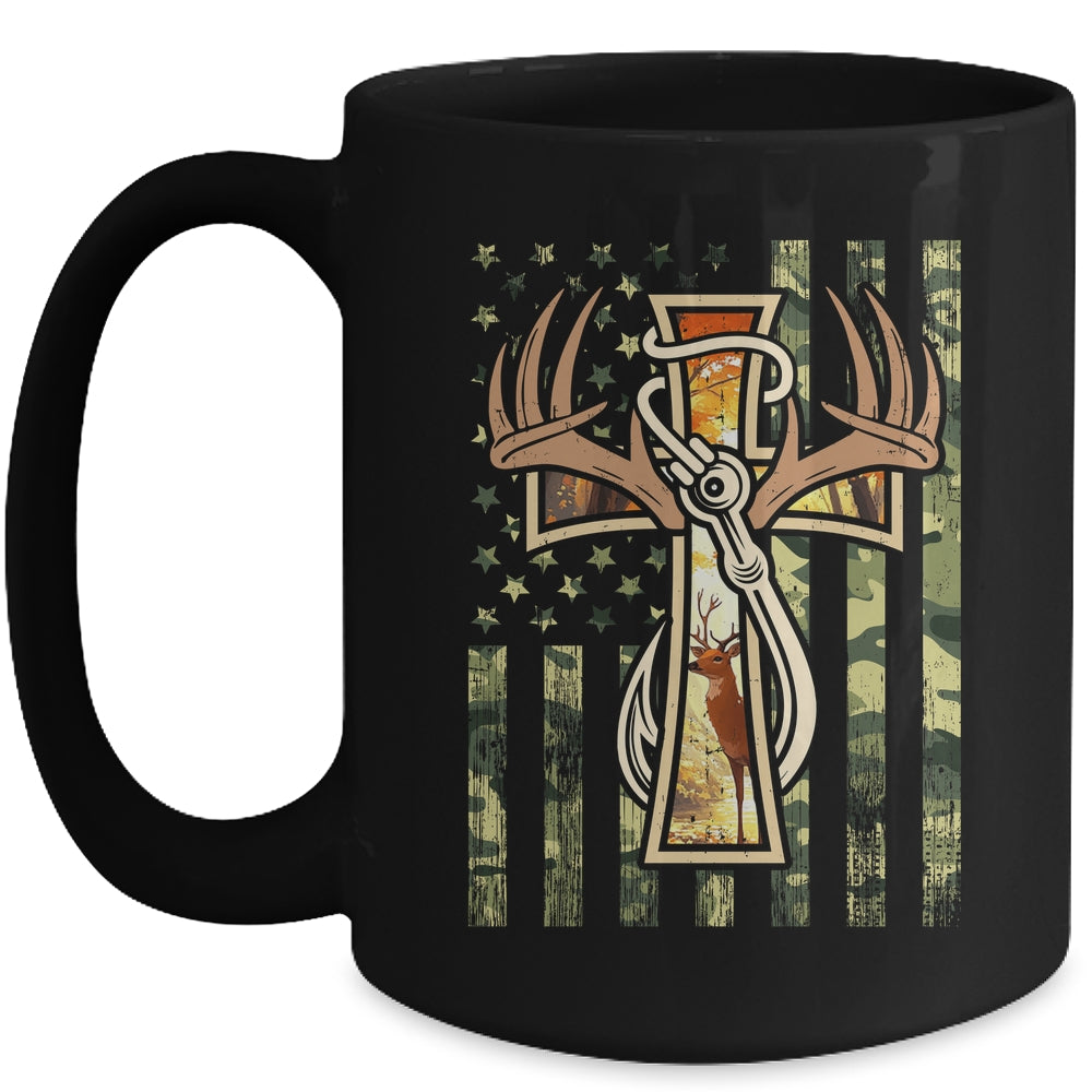 Hunting Fishing Faith Deer Cross Camouflage Flag Christian Mug | teecentury