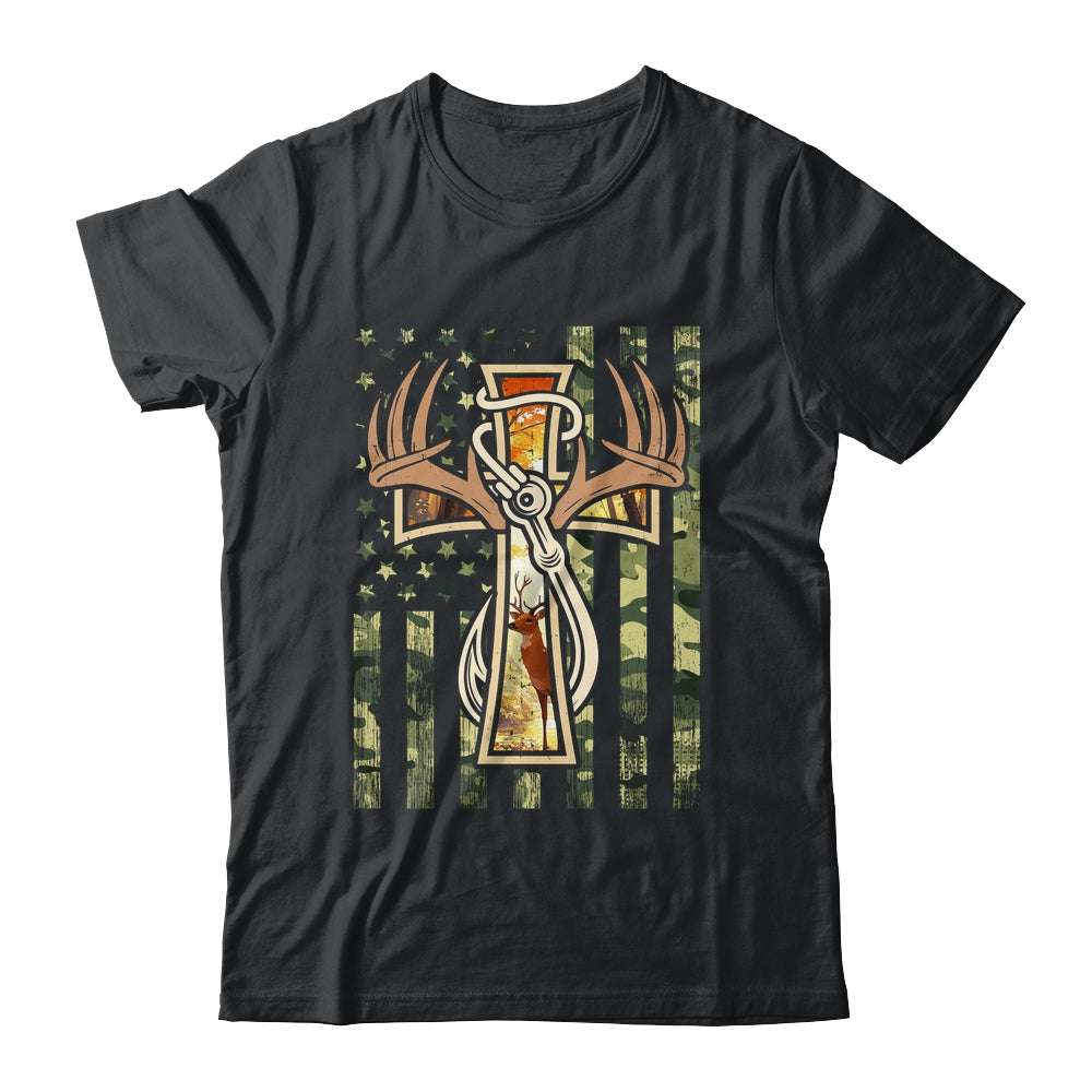 Hunting Fishing Faith Deer Cross Camouflage Flag Christian Shirt & Hoodie | teecentury