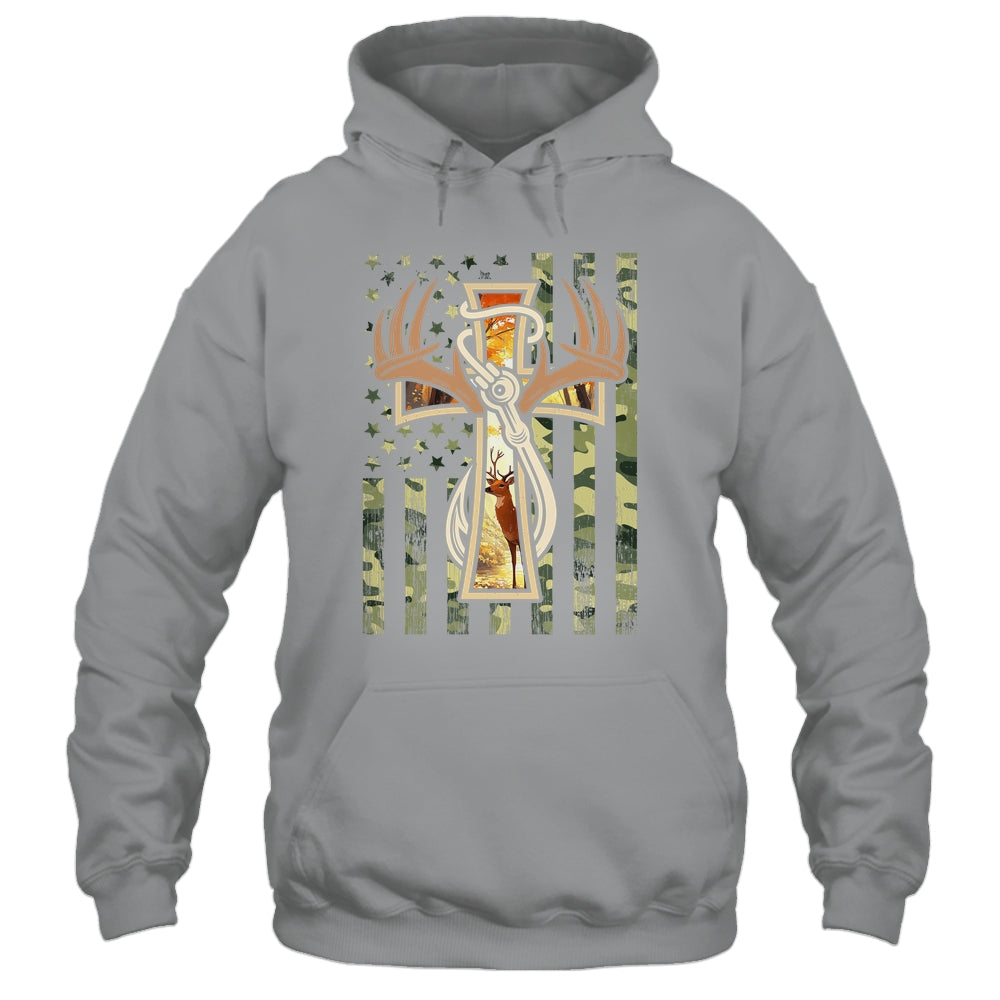 Hunting Fishing Faith Deer Cross Camouflage Flag Christian Shirt & Hoodie | teecentury