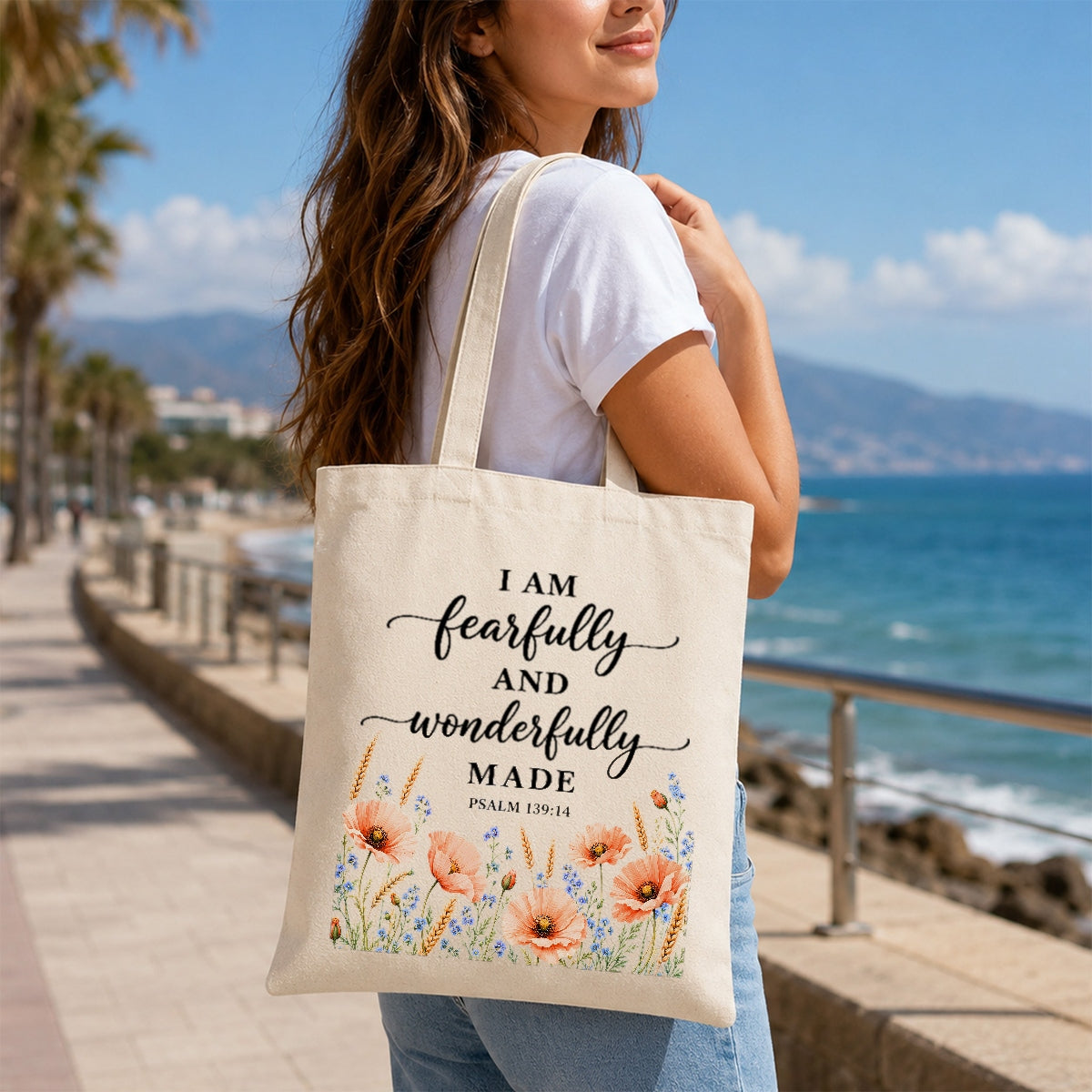 I Am Fearfully And Wonderfully Made Psalm 139 14 Floral Christian Tote Bag For Women Bible Verse Canvas Bag Faith Religious Gift Church Shopping Beach Everyday | teecentury