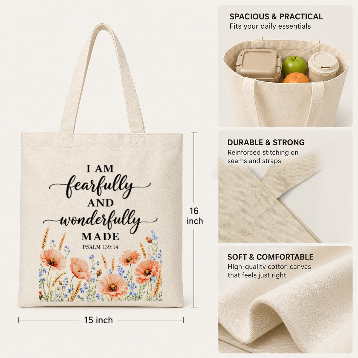 I Am Fearfully And Wonderfully Made Psalm 139 14 Floral Christian Tote Bag For Women Bible Verse Canvas Bag Faith Religious Gift Church Shopping Beach Everyday | teecentury