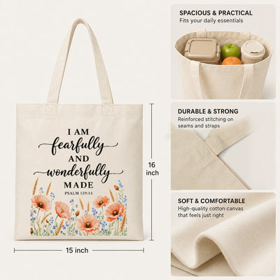 I Am Fearfully And Wonderfully Made Psalm 139 14 Floral Christian Tote Bag For Women Bible Verse Canvas Bag Faith Religious Gift Church Shopping Beach Everyday | teecentury