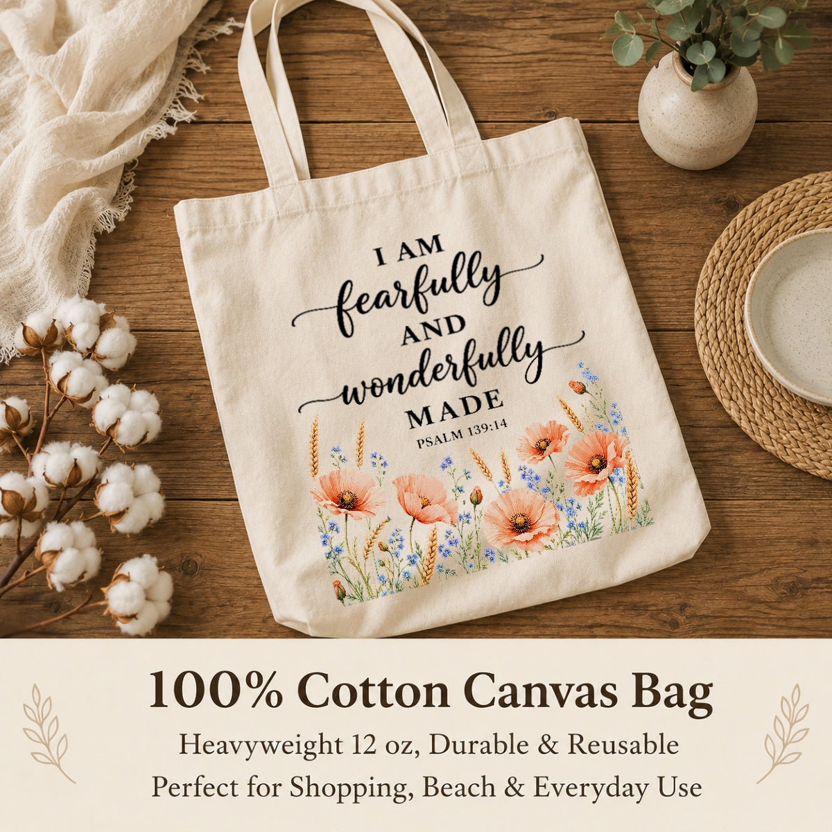 I Am Fearfully And Wonderfully Made Psalm 139 14 Floral Christian Tote Bag For Women Bible Verse Canvas Bag Faith Religious Gift Church Shopping Beach Everyday | teecentury