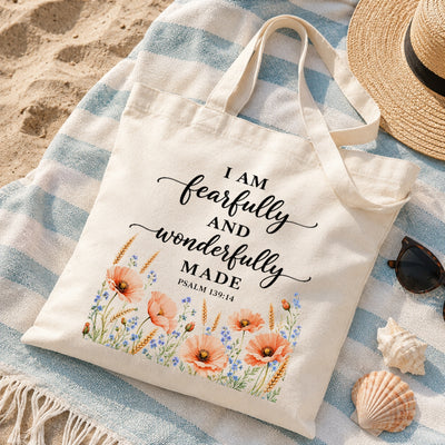 I Am Fearfully And Wonderfully Made Psalm 139 14 Floral Christian Tote Bag For Women Bible Verse Canvas Bag Faith Religious Gift Church Shopping Beach Everyday | teecentury