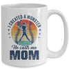 I Created A Monster He Call Me Mom Softball Baseball Retro Mug | teecentury