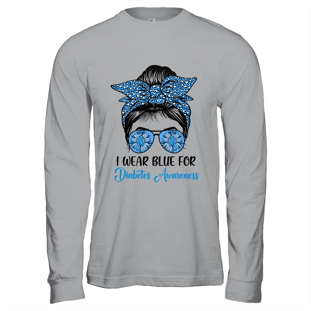 I Wear Blue For Diabetes Awareness Leopard Messy Bun Hair Shirt & Hoodie | teecentury