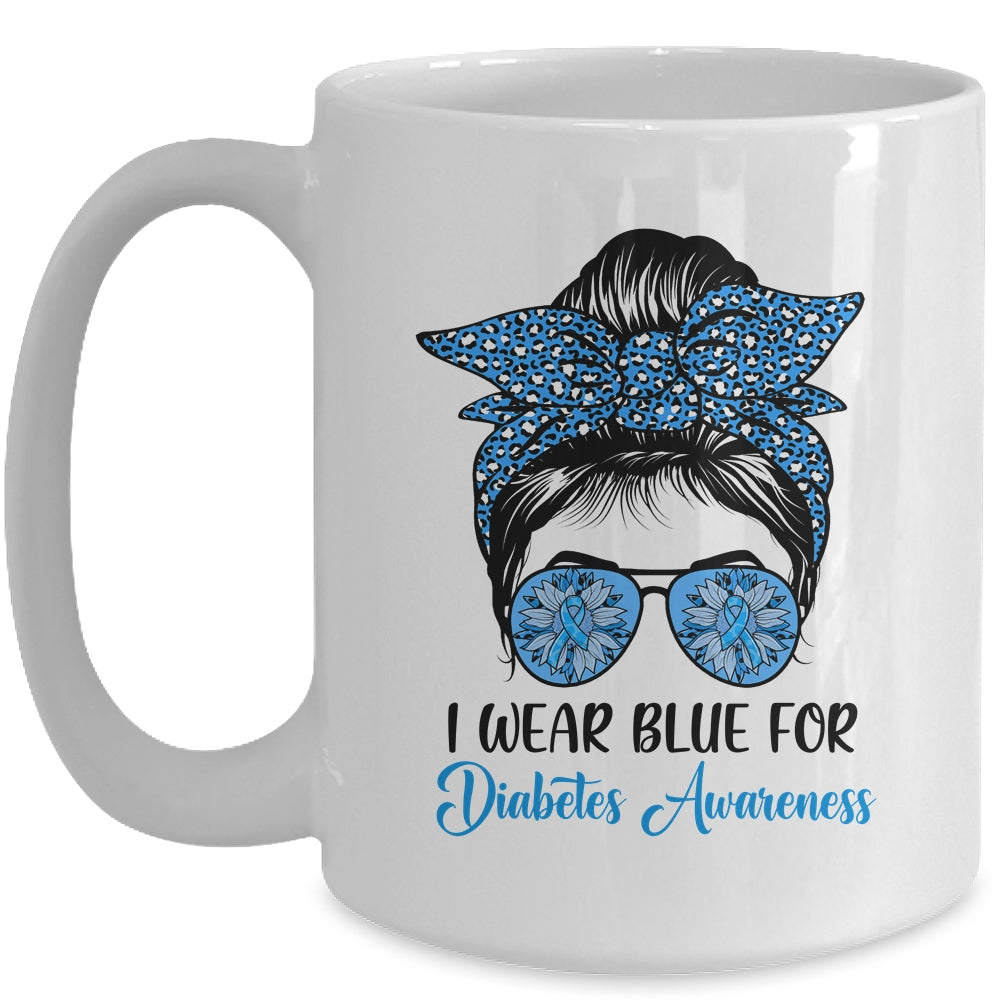 I Wear Blue For Diabetes Awareness Leopard Messy Bun Hair Mug | teecentury