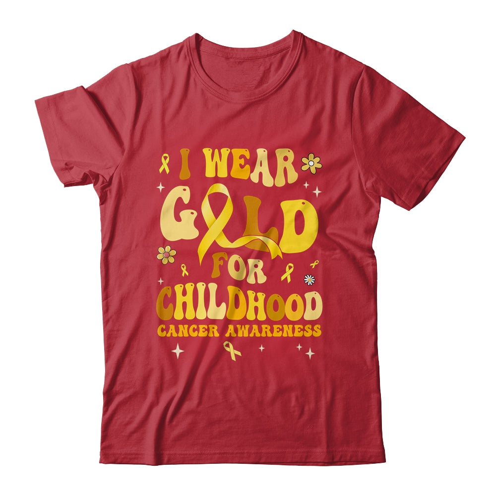 I Wear Gold Childhood Cancer Awareness Support Retro Groovy Shirt & Hoodie | teecentury