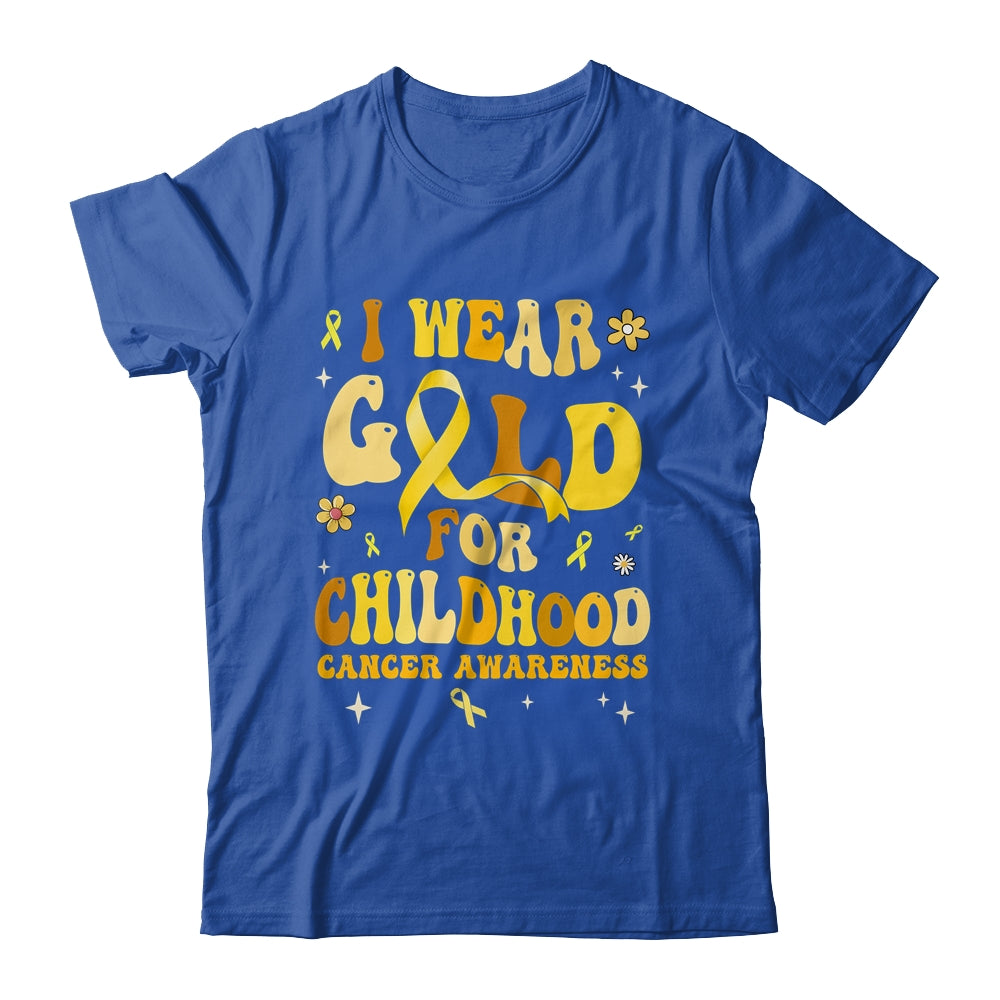 I Wear Gold Childhood Cancer Awareness Support Retro Groovy Shirt & Hoodie | teecentury