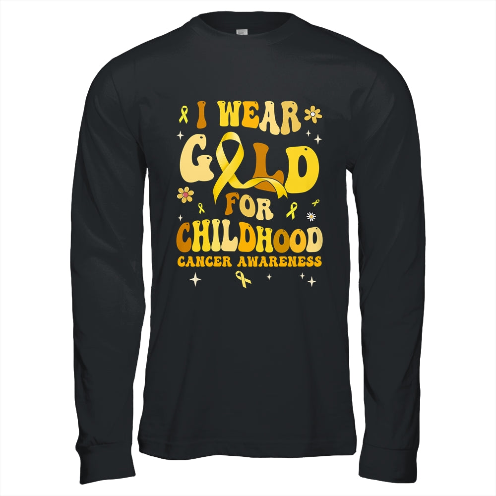 I Wear Gold Childhood Cancer Awareness Support Retro Groovy Shirt & Hoodie | teecentury