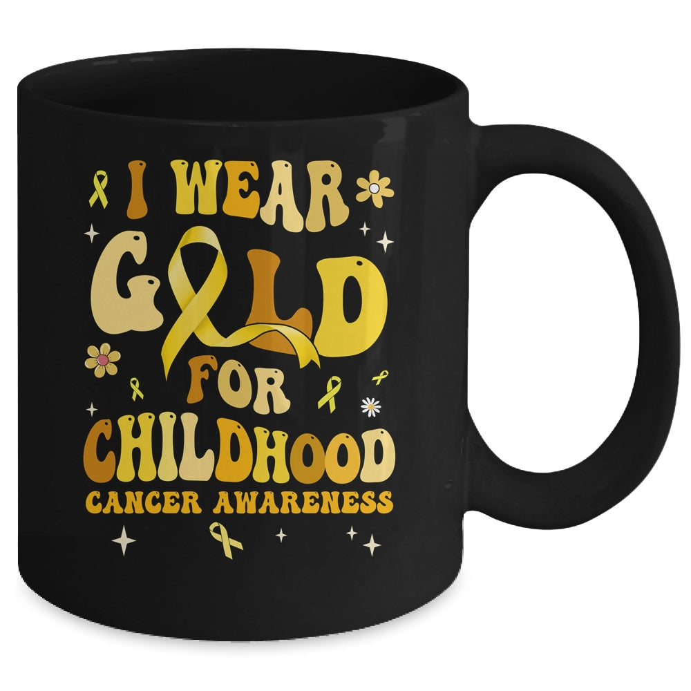 I Wear Gold Childhood Cancer Awareness Support Retro Groovy Mug | teecentury