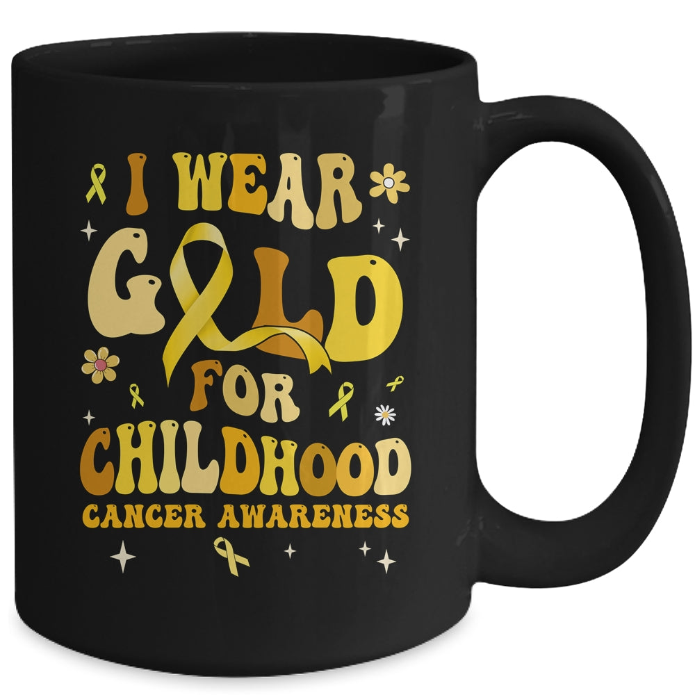 I Wear Gold Childhood Cancer Awareness Support Retro Groovy Mug | teecentury