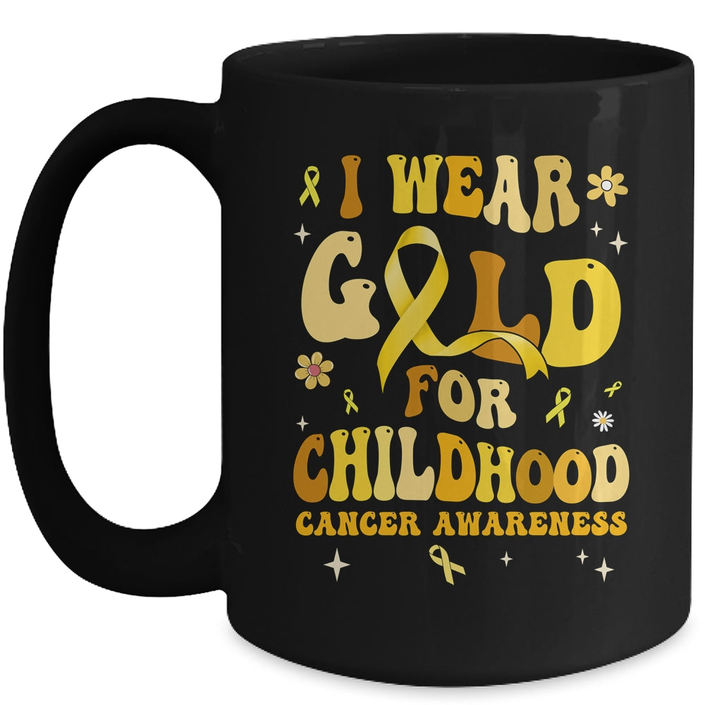 I Wear Gold Childhood Cancer Awareness Support Retro Groovy Mug | teecentury